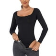 thumbnail image 3 of Luxtrada Women Square Neck Short Sleeve Long Sleeve Stretchy Basic Bodysuit Shirt , Black, 3 of 10