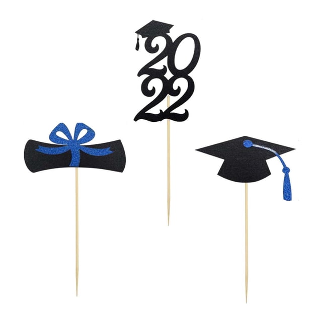 Adornos para cupcakes de graduación de 2022, selecciones de comida y aperitivos para la escuela secundaria azul negro