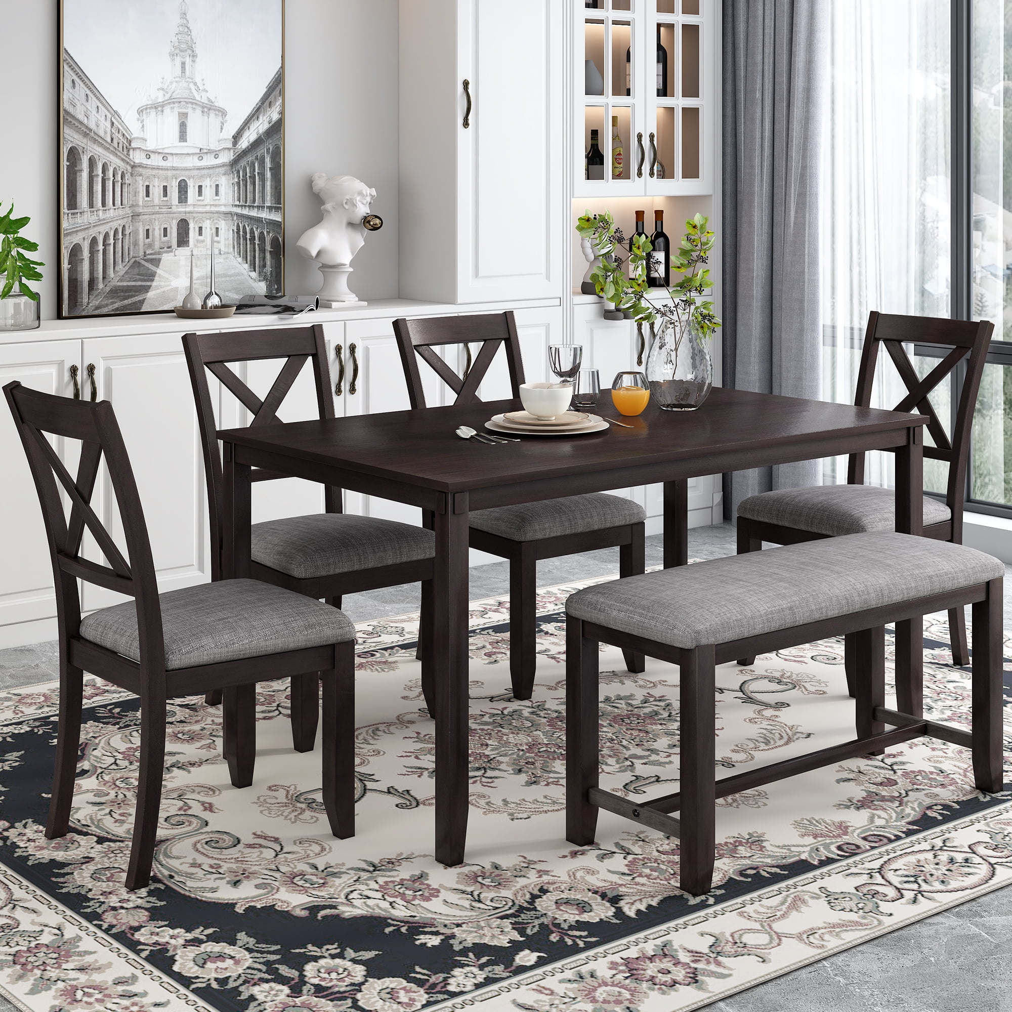 Churanty 6 Pieces Kitchen Upholstered Dining Table Set for 6 with Bench