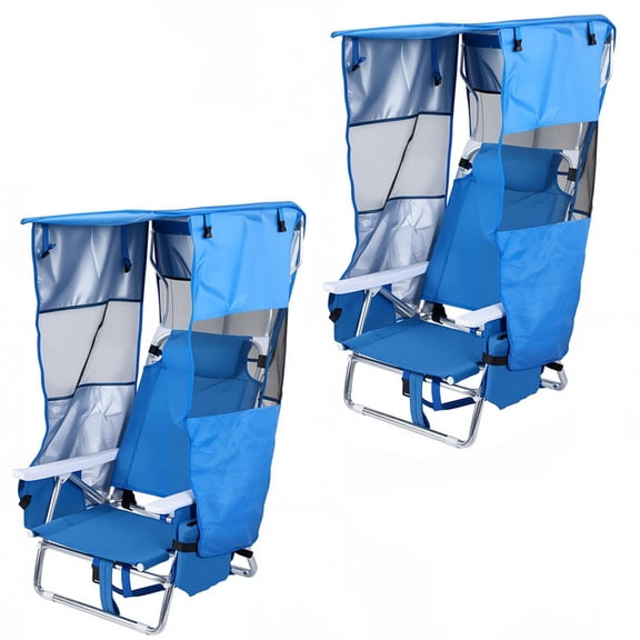 Folding Backpack Beach Chair with Canopy, 5-Position Reclining Portable Lounge Chair with Headrest, Cooler Pocket & Cup Holder, Lightweight for Fishing and Travel