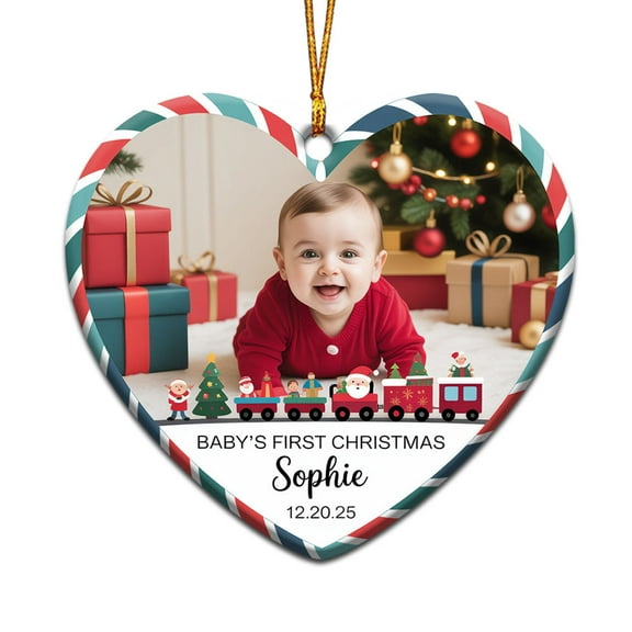 Baby 1st Christmas Ornament 2025, Custom Name Text Date Photo Christmas Ornament for New Baby Newborn, Cute Baby’s First Xmas Ceramic Christmas Ornament