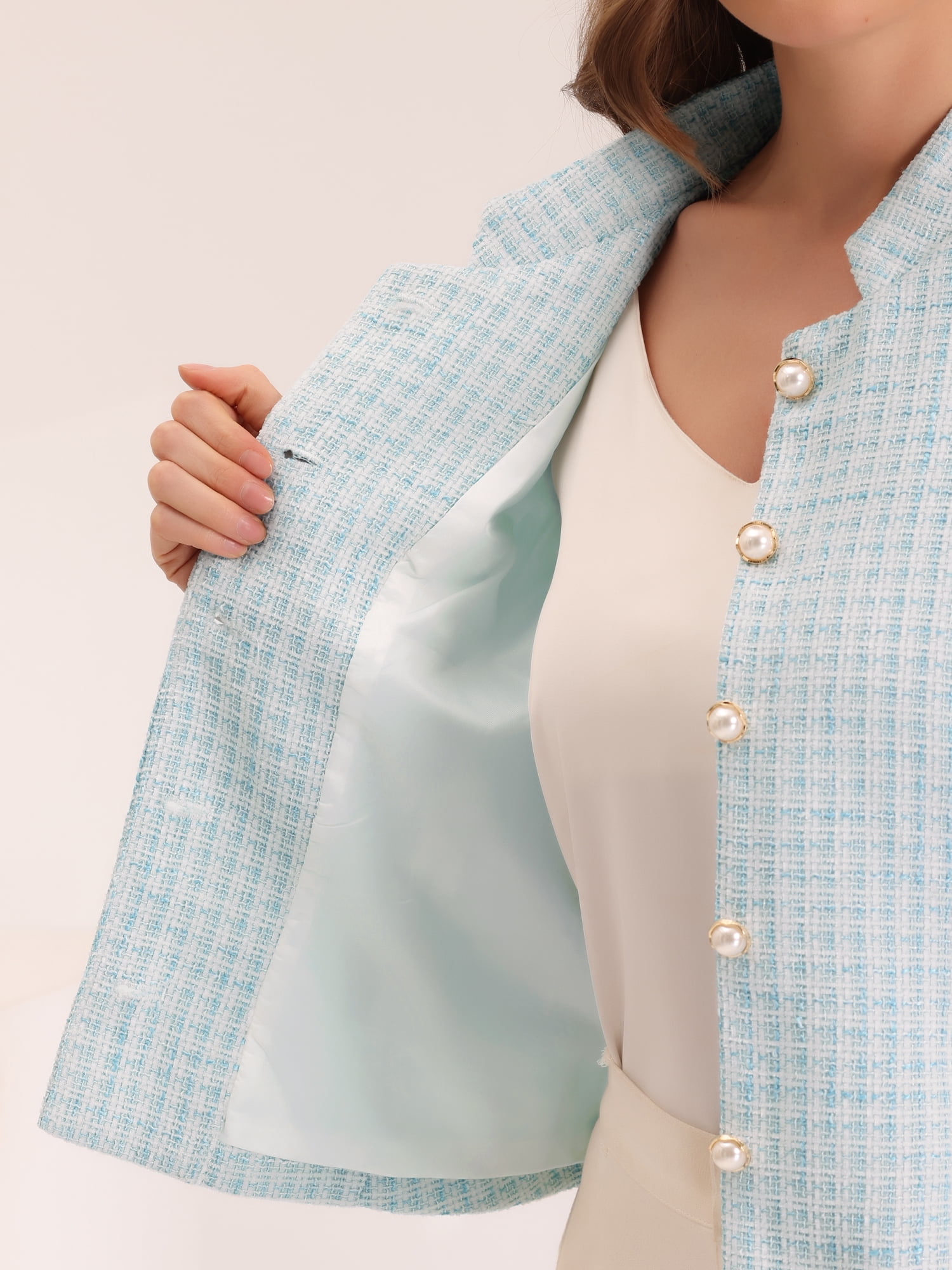 DARING DIVA Women's Plaid Tweed Button Down Short Jacket M Light Blue