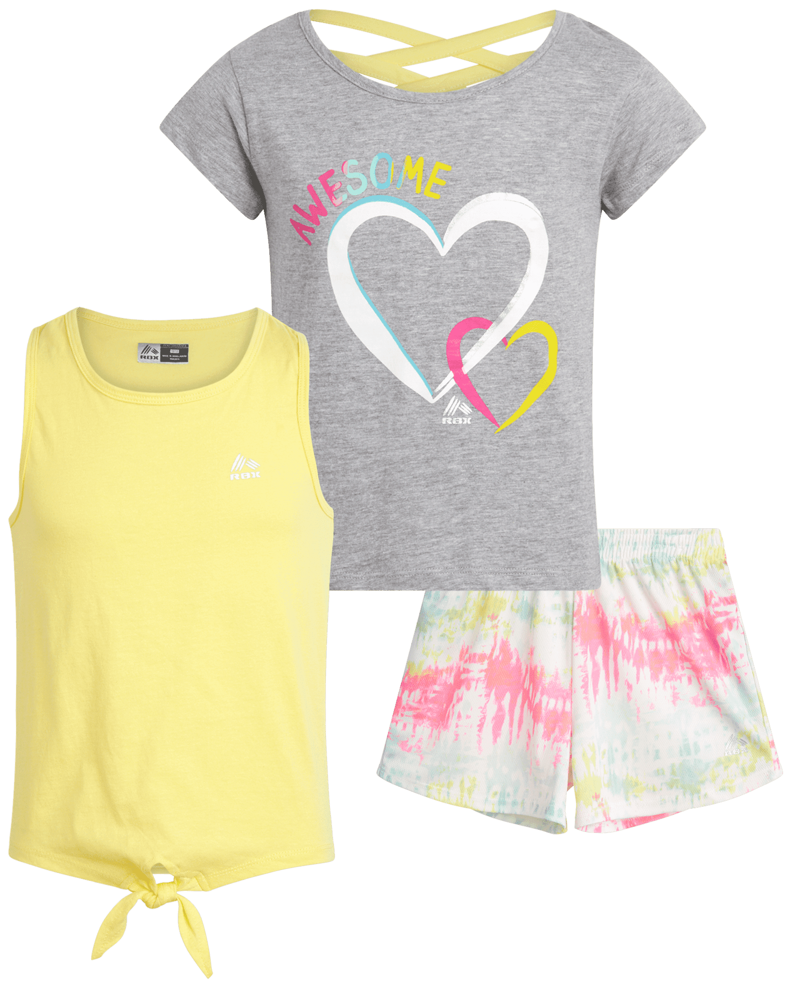 rbx-girls-shorts-set-3-piece-performance-t-shirt-tank-top-and