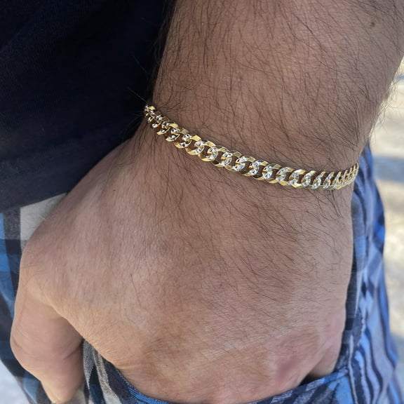 Mens Diamond Cut Bracelet 14K Gold Plated On Solid 925 Sterling Silver 2 Tone Miami Cuban 7.5" inch x 5MM Thick