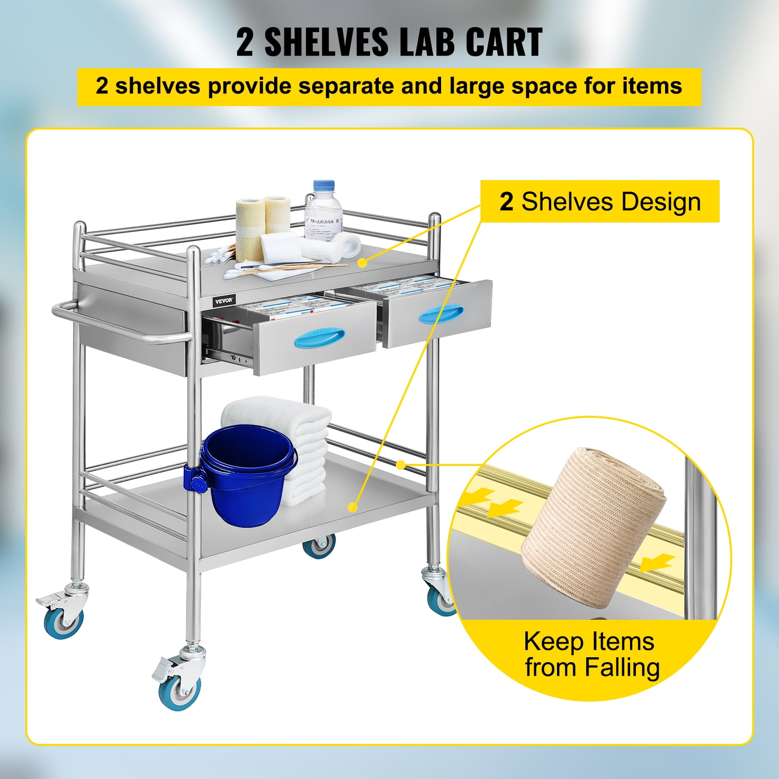 VEVOR Utility Service Cart 2 Shelf 550lbs Heavy Duty Plastic Rolling Utility Cart with 360° Swivel Wheels (2 with Brakes) Large Lipped Shelf