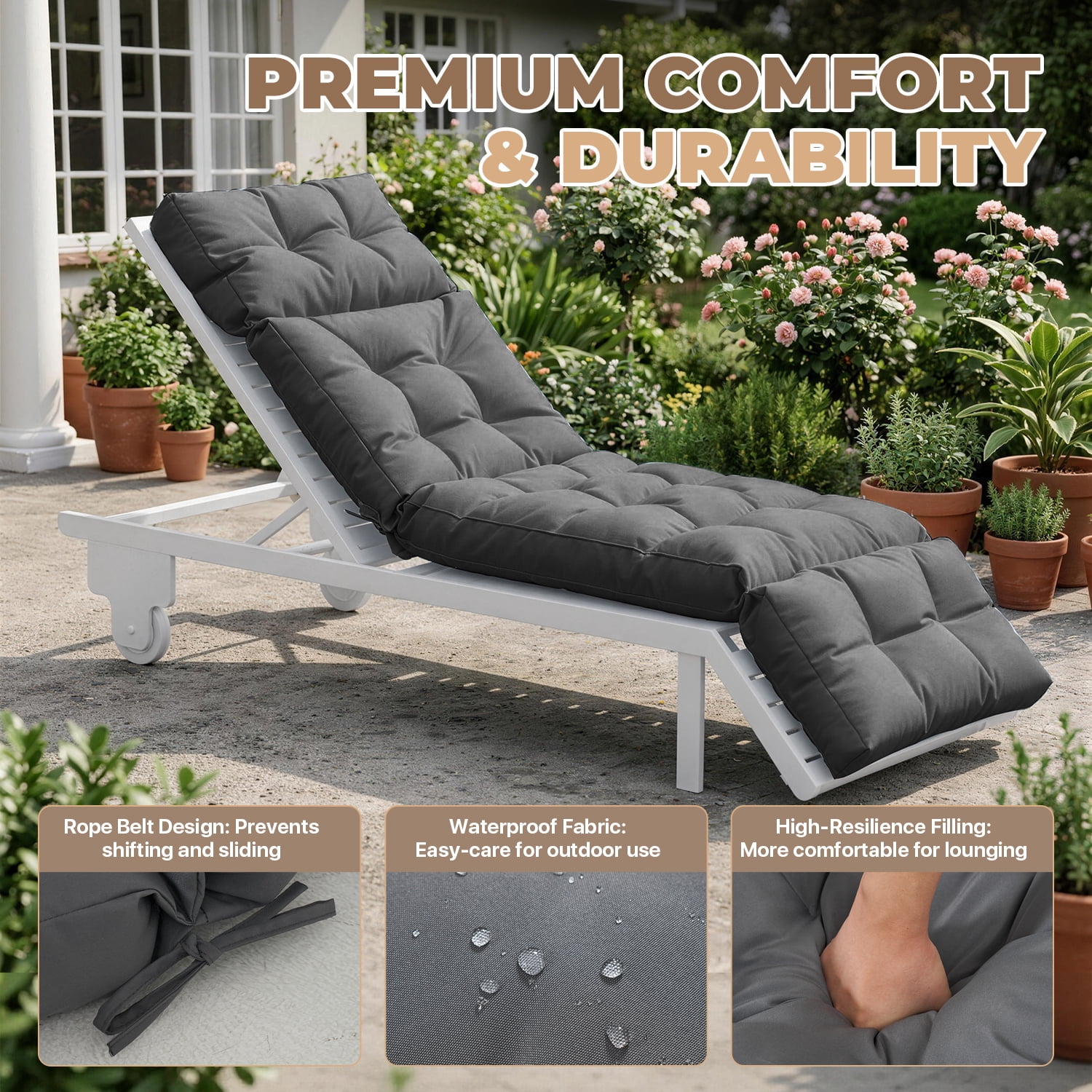 BaPiPro Upgraded 4-Segment Outdoor Chaise Lounge Cushion, All-Weather Recliner Pad with Secure Ties & Plush PP Cotton, for Patio, Poolside & Balcony, Gray