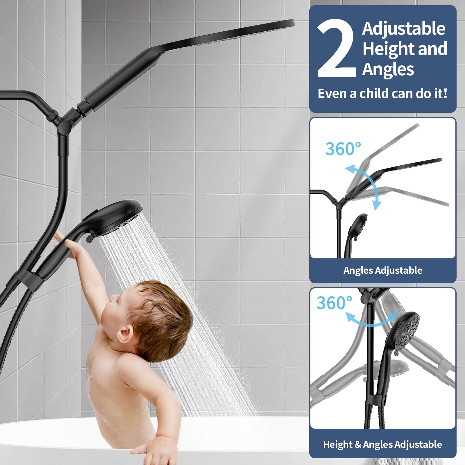 KAIYING Dual Shower Heads with Handheld Spray, 9-Mode Rain Showerhead, High Pressure, 79-Inch Hose, Matte Black
