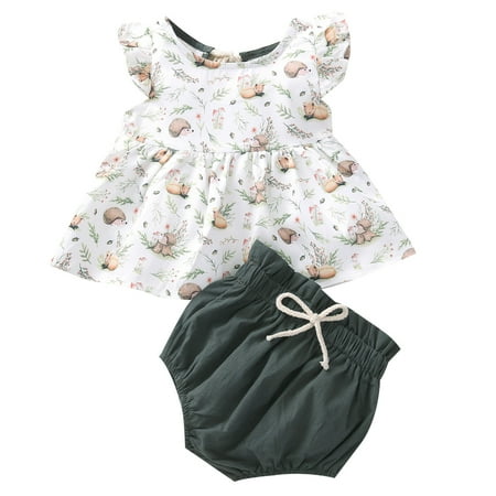 

Baby Girls Clothes Baby Essentials Newborn Infant Baby Girls Ruffle Floral Print Tops+Lacing Solid Short Pants Sets on Clearance