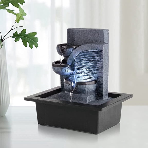 BEAMNOVA 10.6"Tall Tabletop Water Fountain, 3-Tier Flowing Bowls Waterfall Desktop Fountain Indoor Decor, White Light