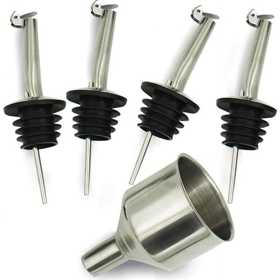 Olive Oil Bottle Pourer Spout Set - Easily Turn Your Bottles into Dispensers for Liquor, Vinegar, Syrup or Oils - (4 Spout-L Funnel)