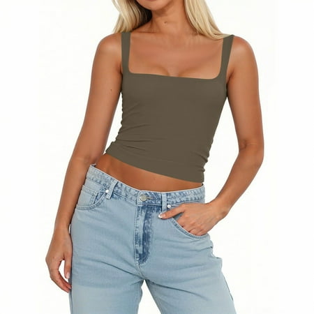 Women Tops  Sleeveless Square Neck Sexy Slim Tank Tops With Built In Bras Solid Color Pullover Zip Up Sweatshirt Baby Doll Tops For Trendy 2025 Tank Top Woman Corset Tank (S  Army Green) ZMTing