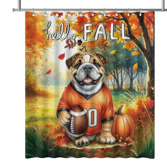 Hello Fall Bulldog Football Welcome Autumn with Leaves Pumpkins Shower Curtain Dog Lover Gifts Idea Waterproof Bathroom Bathtub Curtain - 00012