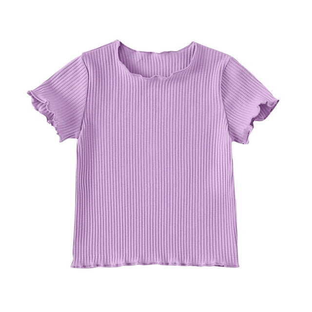 Girls Rib-Knit Short Sleeve Crop Top Crewneck Lettuce Trim Crop Tee Tops Purple 3-4 Years