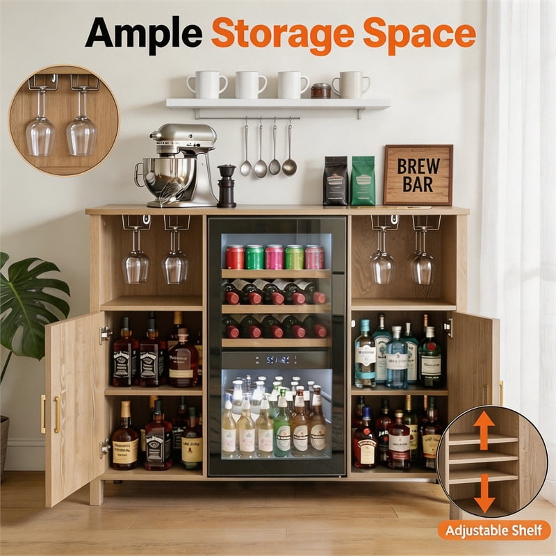 53" Medium Wood Engineered Wood Coffee Bar Cabinet with Mini Fridge Space