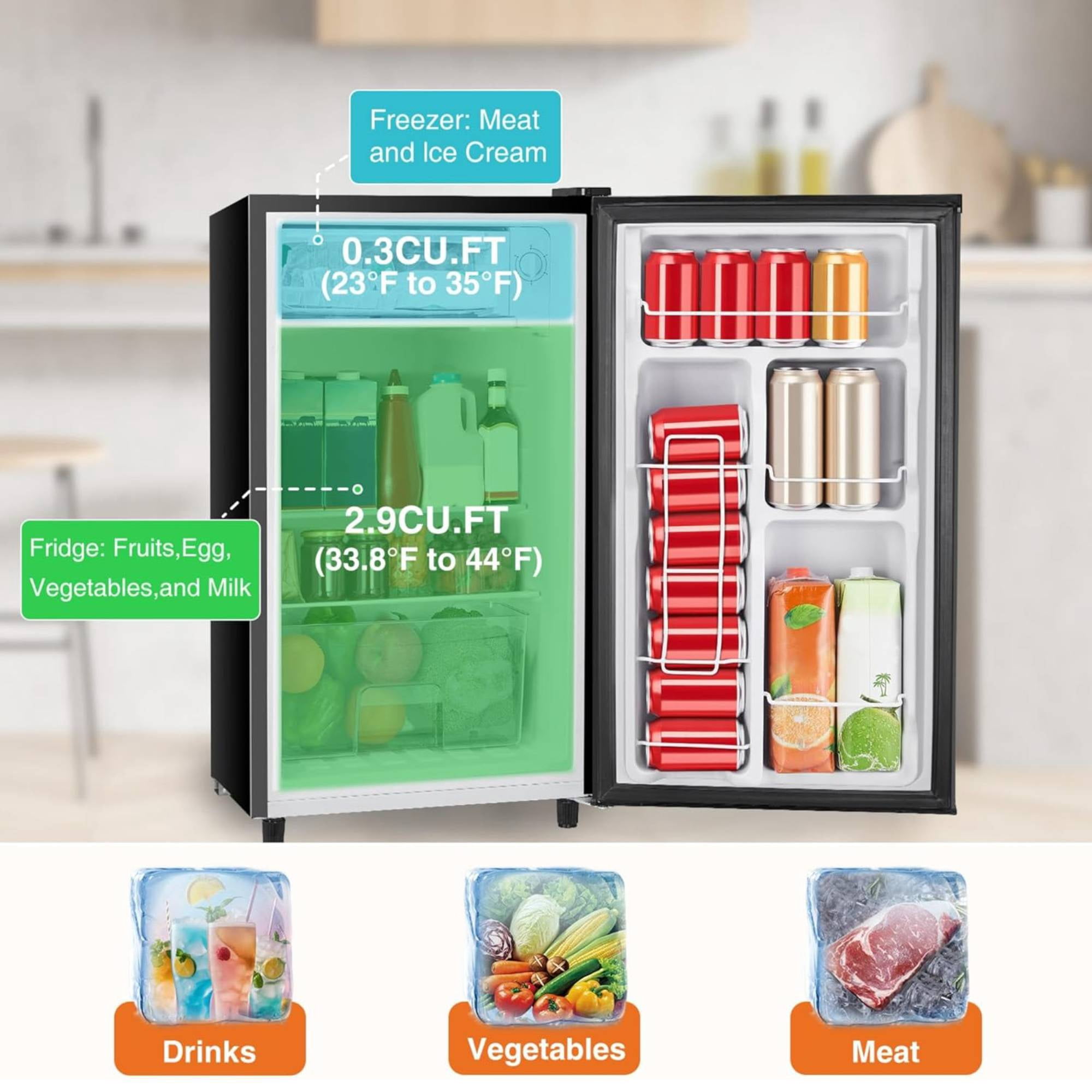 3.2 Cu.Ft Mini Fridge with Freezer Single Door Small Refrigerator with Adjustable Thermostat for Apartment,Dorm, Office, Black