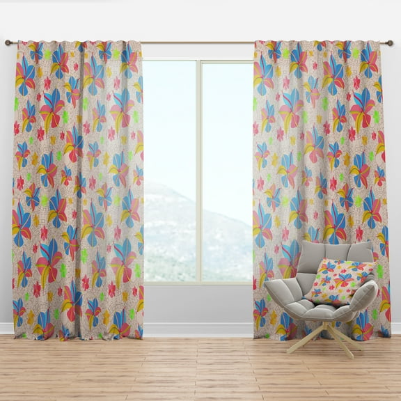 Designart 'Retro Yellow Pink Flowers' Mid-Century Modern Curtain Panel
