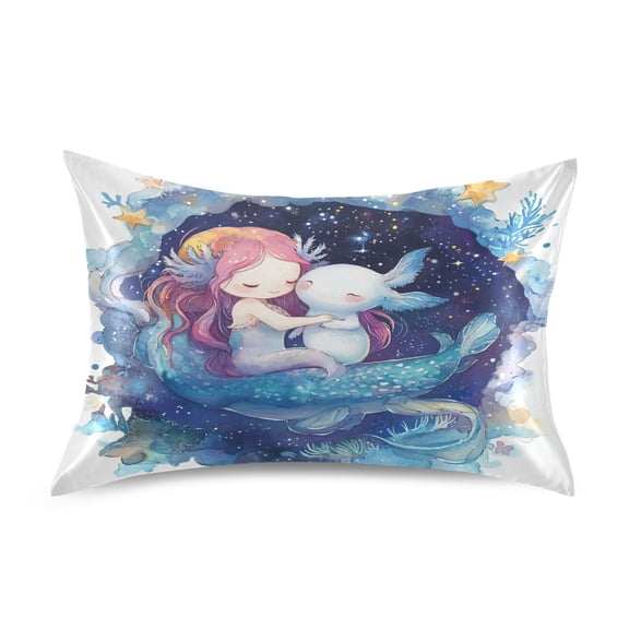 JSTEL Cartoon Axolotl and Mermaid Satin Pillowcase Standard Size Pillow Cases Envelope Closure Bed Pillow Cover, 20 x 26 inch