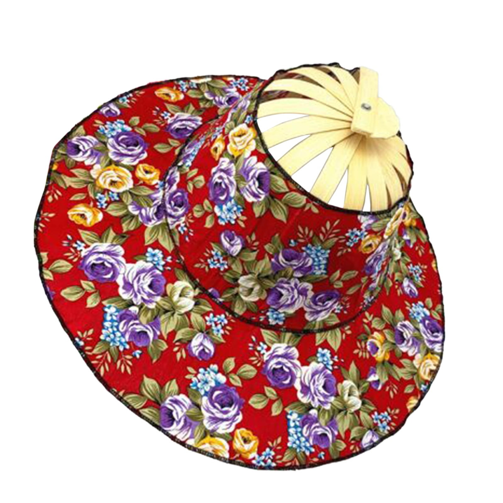Foldable Hand Fan Sun Hat 2 in 1 Portable Floral Printed Bamboo Hat