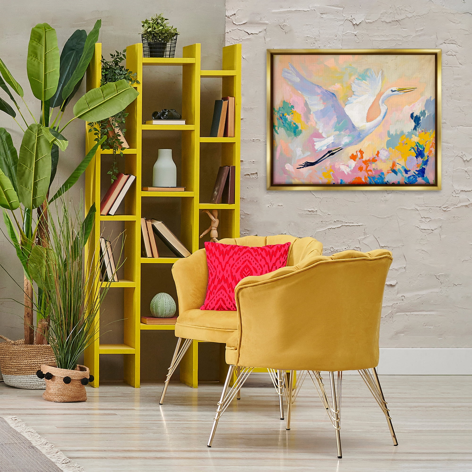 Stupell Industries Heron & Abstract Botanicals Animals & Insects Painting Gold Floater Framed Canvas Art Print Wall Art, 31 x 25