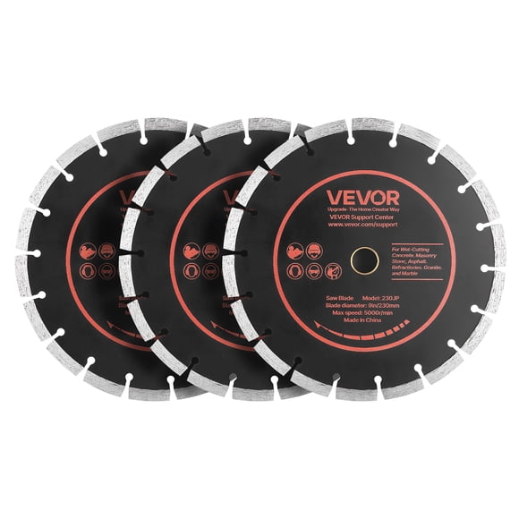 VEVOR Diamond Blades 9 inch, 3-Pack Concrete Saw Blade Set, 7/8 in Arbor, High-Hardness Diamond Segments, 65Mn Steel Core, Dry Wet Cutting, Clean Edges