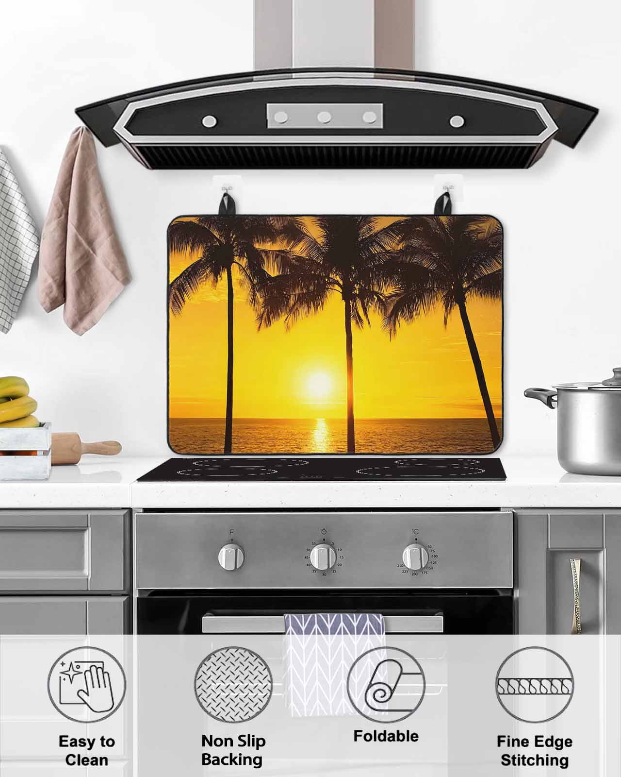 Large Induction Cooktop Protector Mat Coastal Coconut Tree Stove Top Covers for Electric Stove, Ocean Beach Palm Sea Brown Decorative Stove Burner Cover Mats, Glass Top Stove Cover