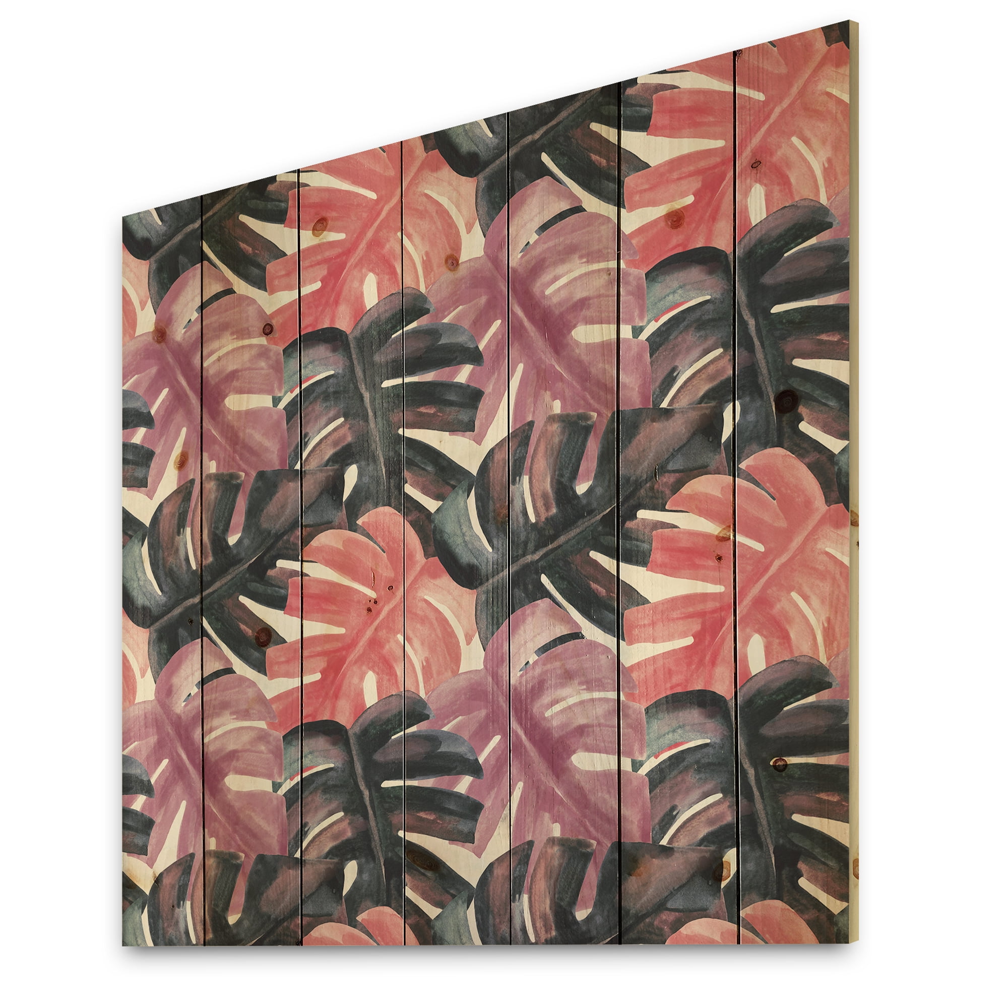 Designart 'Black and Red Monstera On Rough Brush Strokes II' Tropical Print on Natural Pine Wood