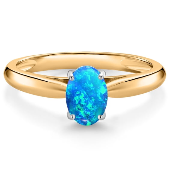 Gem Stone King 10K Yellow Gold Blue Opal Solitaire Engagement Ring for Women (0.63 Cttw, Oval Cabochon 7X5MM, Gemstone October Birthstone, Size 6)
