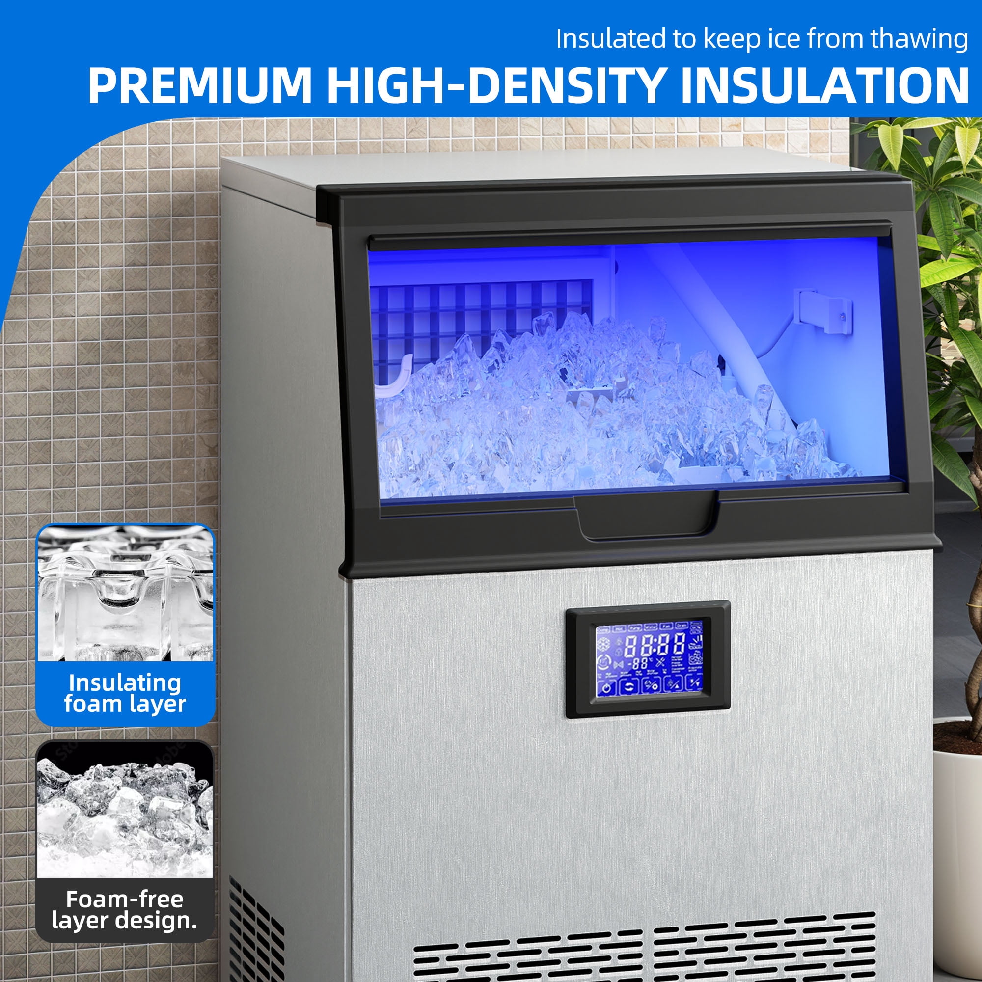 Dextrus Commercial Ice Maker 132lbs/24h with 33lbs Storage Bin,Freestanding Ice Machine,LCD Panel  with Blue Light & Stainless Steel Scoop