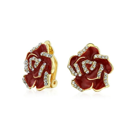 Red Flower Earrings - Red Enamel Rose Flower Crystal Edge Spring Retro Clip On Earrings For Women Non Pierced Ears 14K Gold Plated Brass