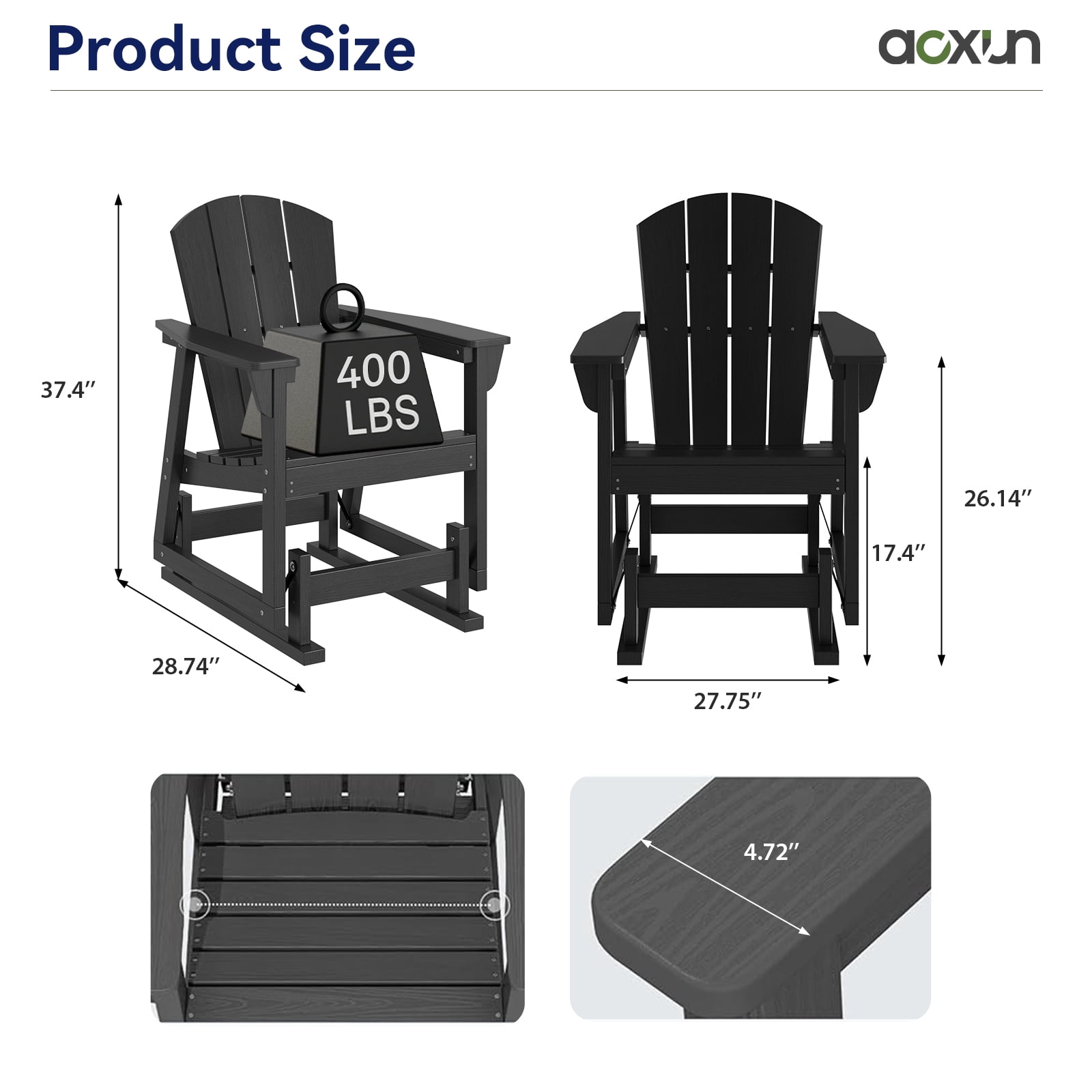 BaPiPro HDPE Adirondack Outdoor Glider Chair, Ergonomic High Back Wide Armrests All-Weather Patio Rocking Chair for Lawn Garden Porch Backyard, Black