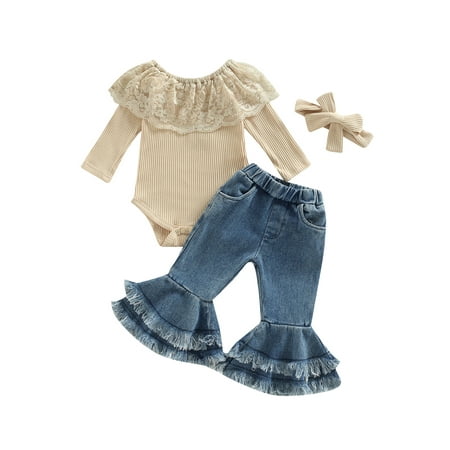 

Qtinghua Newborn Infant Baby Girls Clothes Ribbed Long Sleeve Romper Flared Jeans Pants Headband 3Pcs Outfits Apricot 6-9 Months