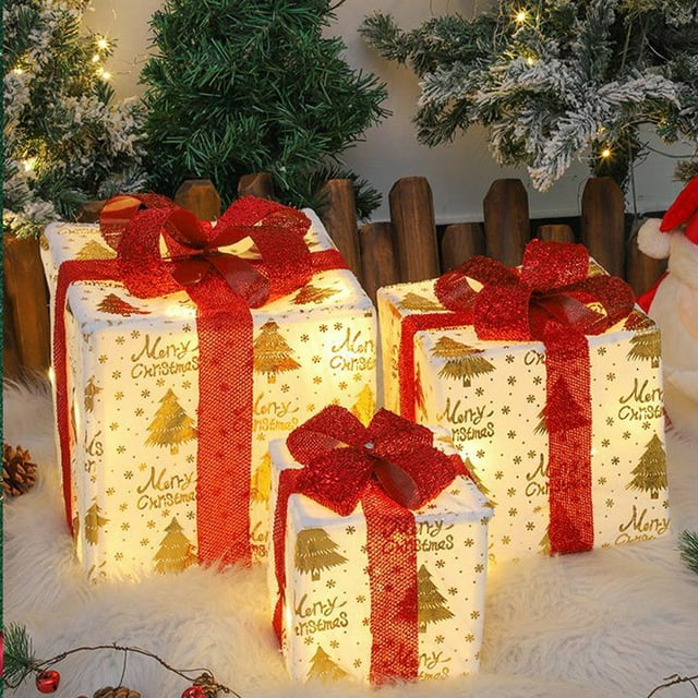 Dmlowu Christmas Decorations Lighted Gift Box - 3Pcs Christmas Lights Gift Boxes, Light Up Gift Boxes with Lids for Presents Holiday Party Christmas Tree Decorations