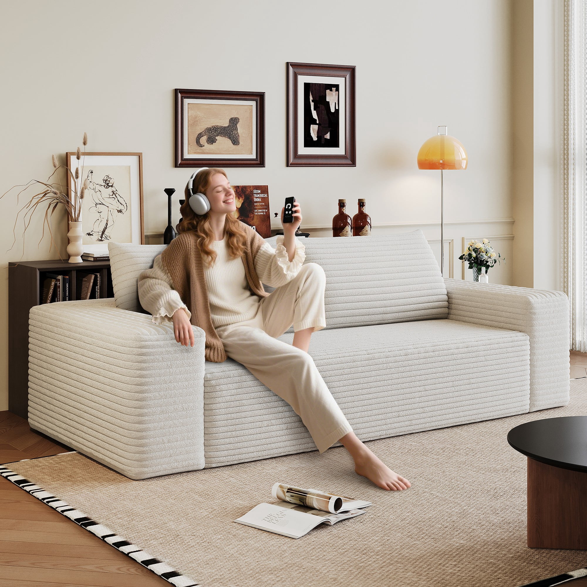 71" Corduroy Deep Seat 3 Seatser Sofa, No Assembly Comfy Couch for Living Room Bedroom Apartment, White