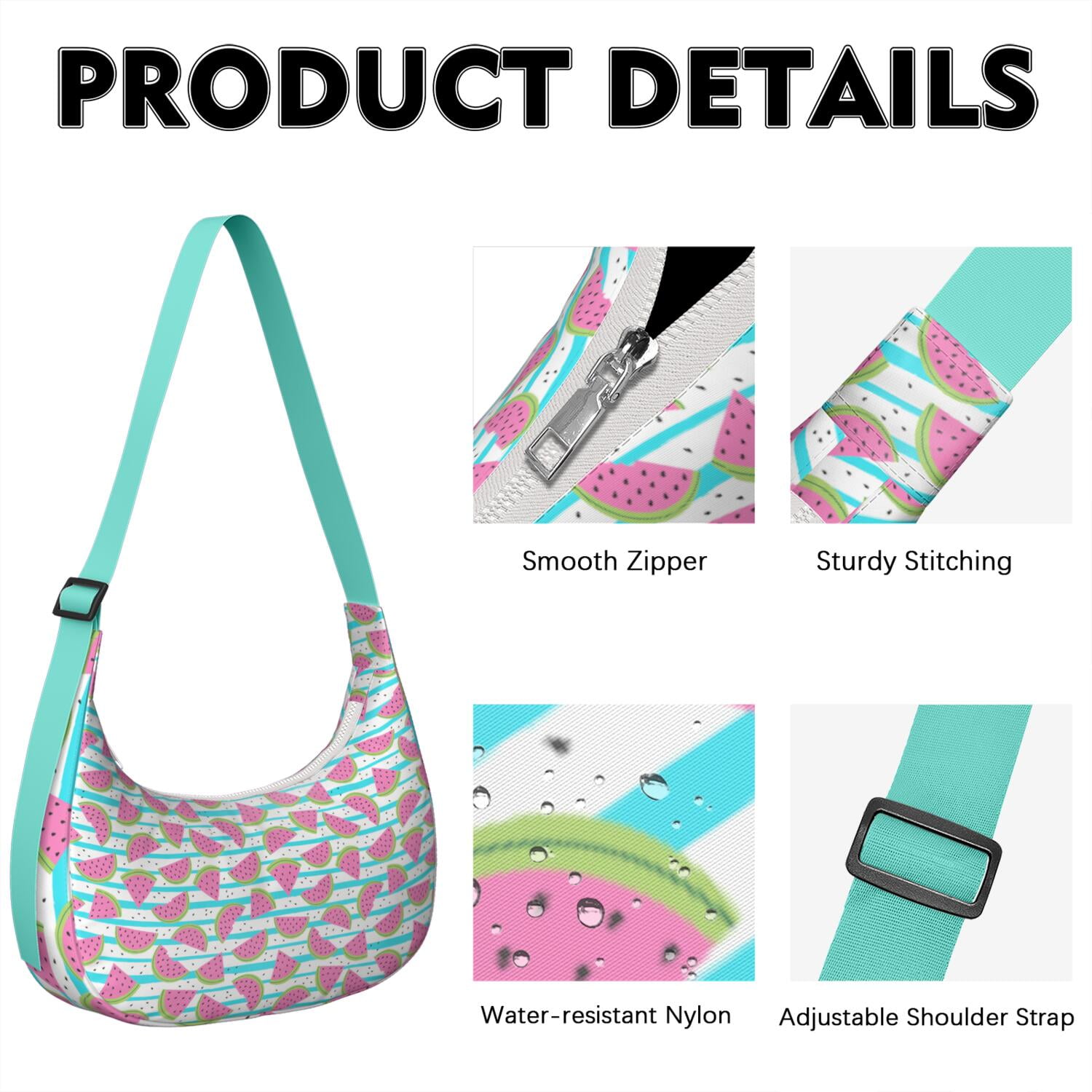 Watermelon Lovers Cute Print Hobo Purse for Women, Summer Fruit Crossbody Tote, Lightweight Water-Resistant Shoulder Bag, Tropical Sunshine Beach Design