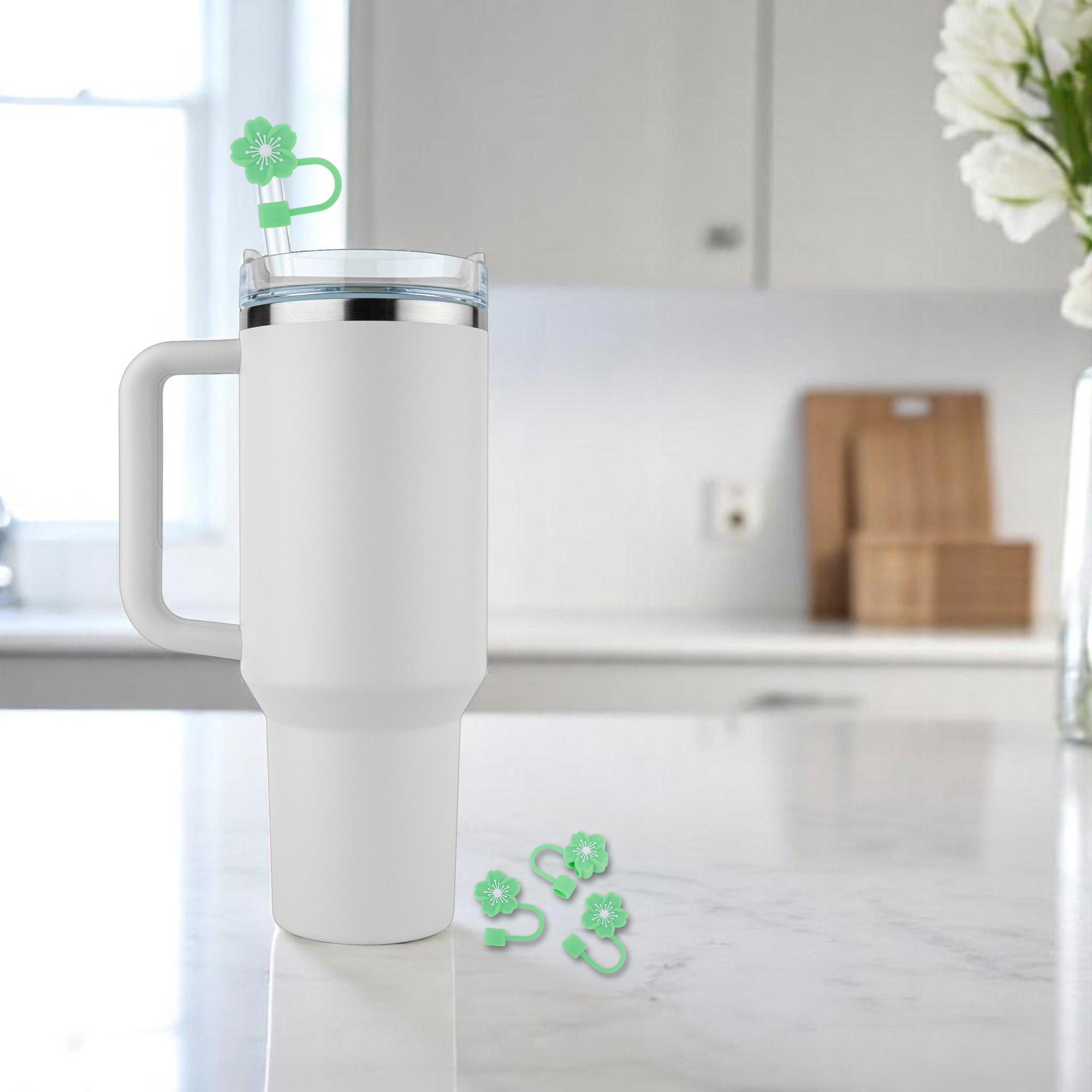 Unique Bargains 4Pcs Begonia Flower Straw Cover Cap For Cup Accessories Green