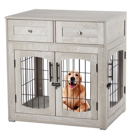 Dog Crate Furniture with Cushion,Wooden Dog Kennels Indoor with 2 Drawers,Dog Furniture Crate End Table with Storage
