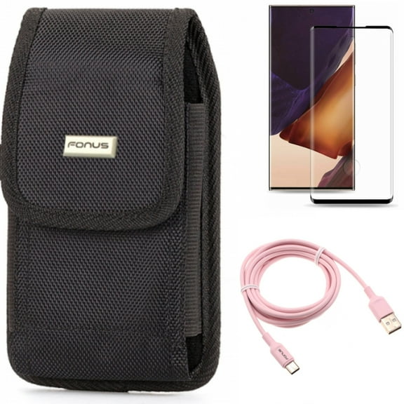 Screen Protector & Case Belt Clip & 6ft USB-C Cable for Samsung Galaxy Note 20 Ultra (6.9") - Combo with Tempered Glass (Fingerprint Unlock) & Swivel Holster & Pink Charger Cord