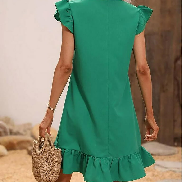 WIZUTIZ Beach Dresses for Women Stylish Casual Mini Dress Solid Beach Dress  V-Neck Sleeveless Pleated Dress for Ladies Ruffle Hem Plus Size Travel Dress  Green L - Walmart.com