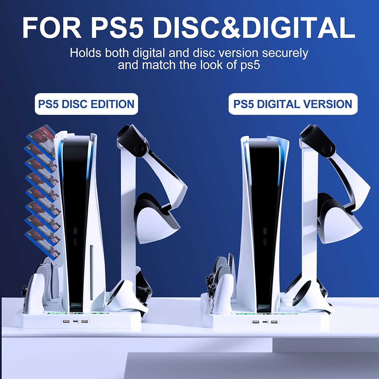 PS5 Accessories Cooling Station for PS5 Console, Charging Station for PS5 Controller & PSVR 2, [5 in 1] Stand with Cooling Fan and 5 Type-C Magnetic Charger, White