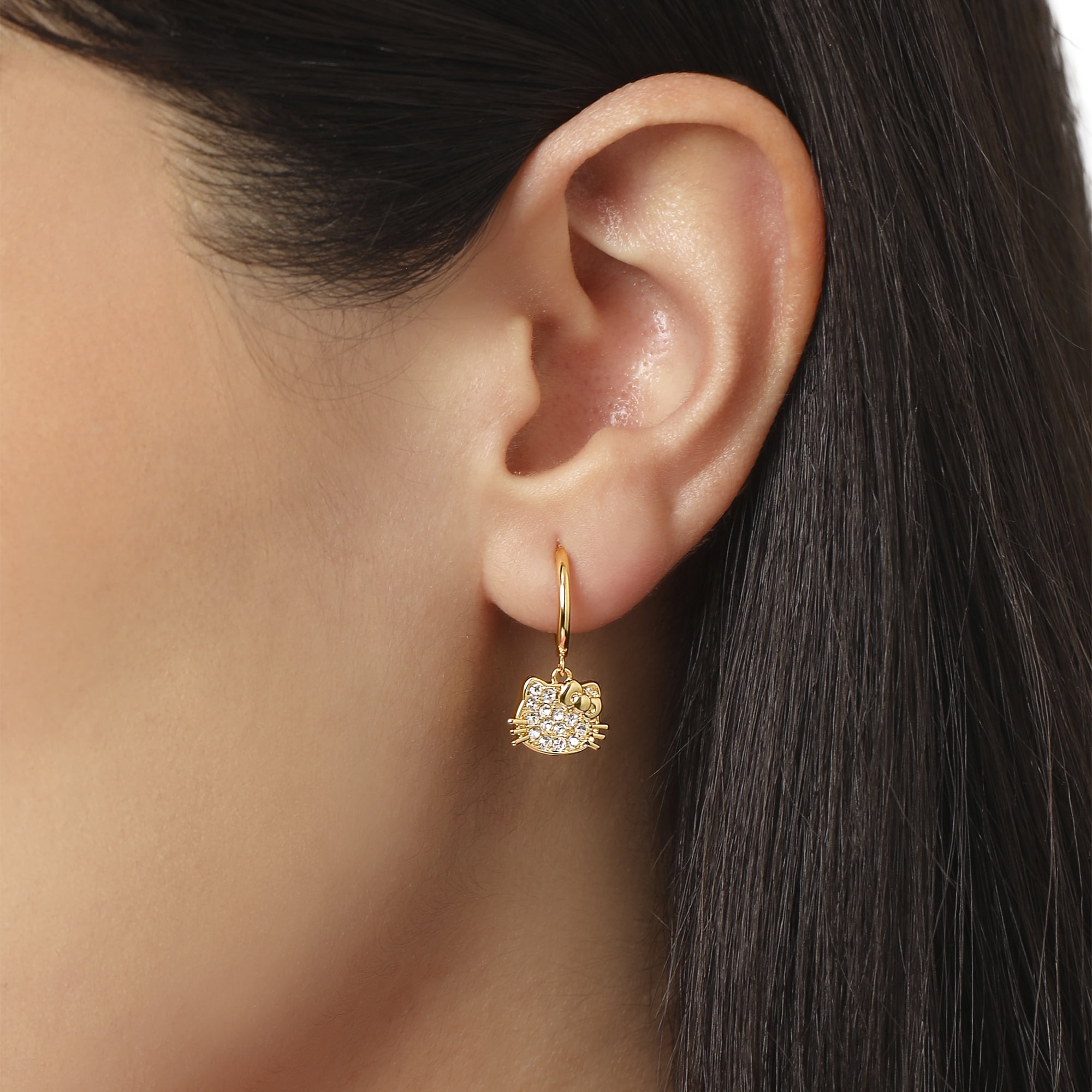 Hello Kitty Earring Set, 2-Pair, Gold-Tone Studs & Pavé Dangle Hoops