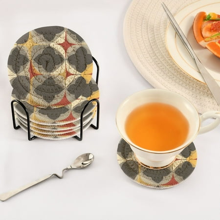

Geometric Flower Pattern Set of 6 Durable Woven Polyester Coasters with Black Storage Rack 4in