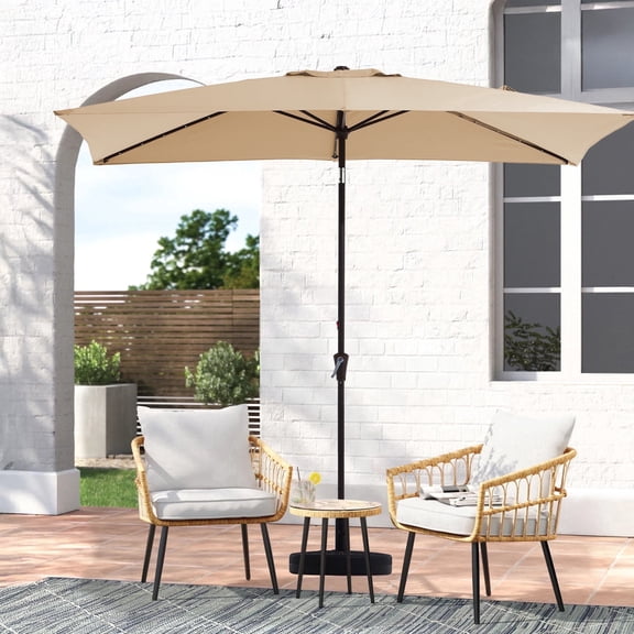 FANDAZE 6.5'x10' Solar LED Rectangular Patio Umbrella with Crank, 6 Heavy-Duty Ribs UV Protection for Garden, Deck, Backyard and Poolside, Beige
