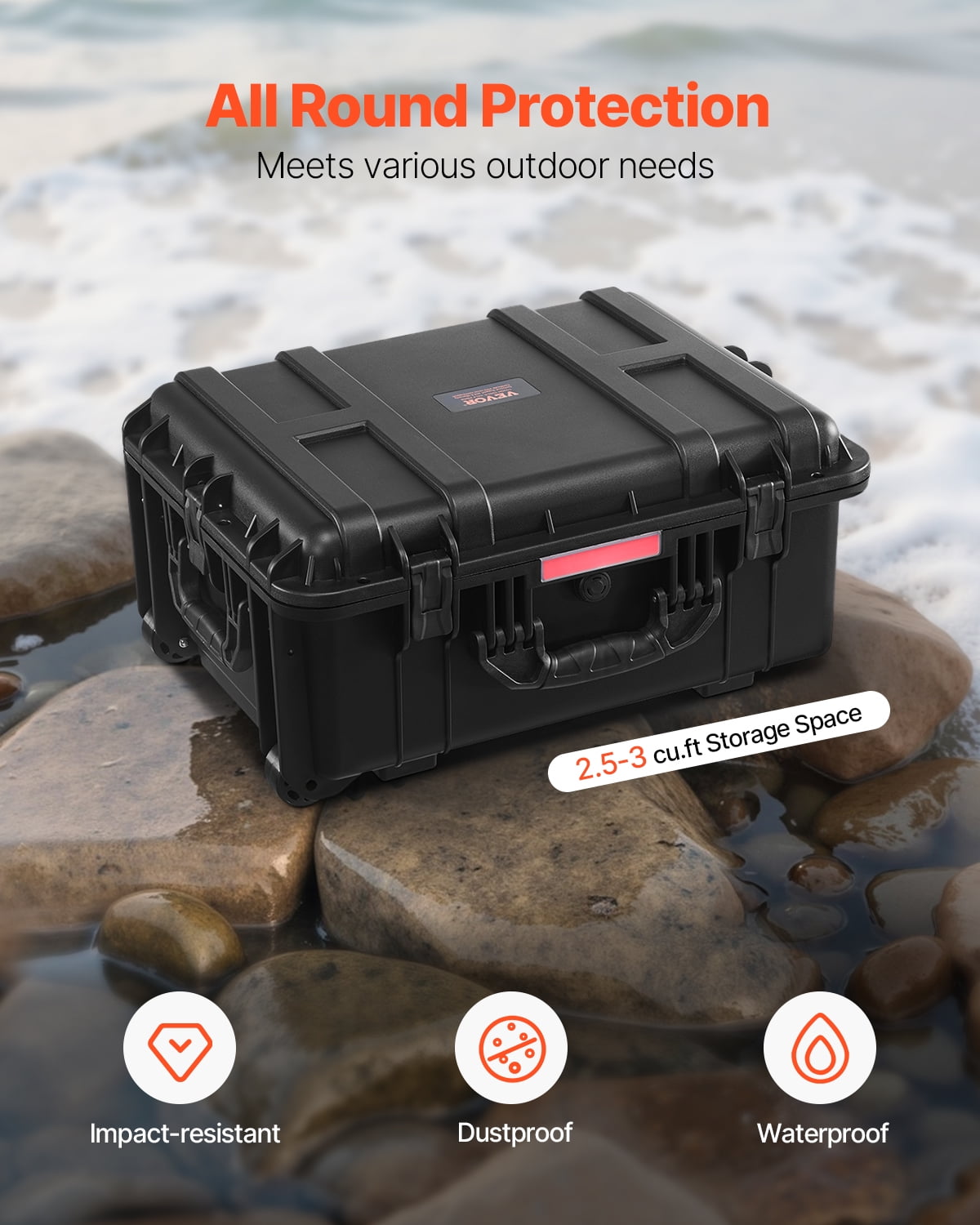 VEVOR Weatherproof Hard Case, Heavy Duty Protective Dry Box Case with Pre-Cut Foam, Wheels & Retractable Pull Handles for Travel, Hunt, Military, Tactical, IP67 Waterproof Case for Cameras(57x45x28)