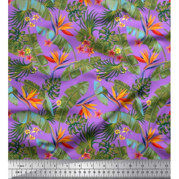 Soimoi Georgette Viscose Fabric Tropical Leaves,Plumeria & Heliconia Floral Printed Fabric 1 Yard 42 Inch Wide