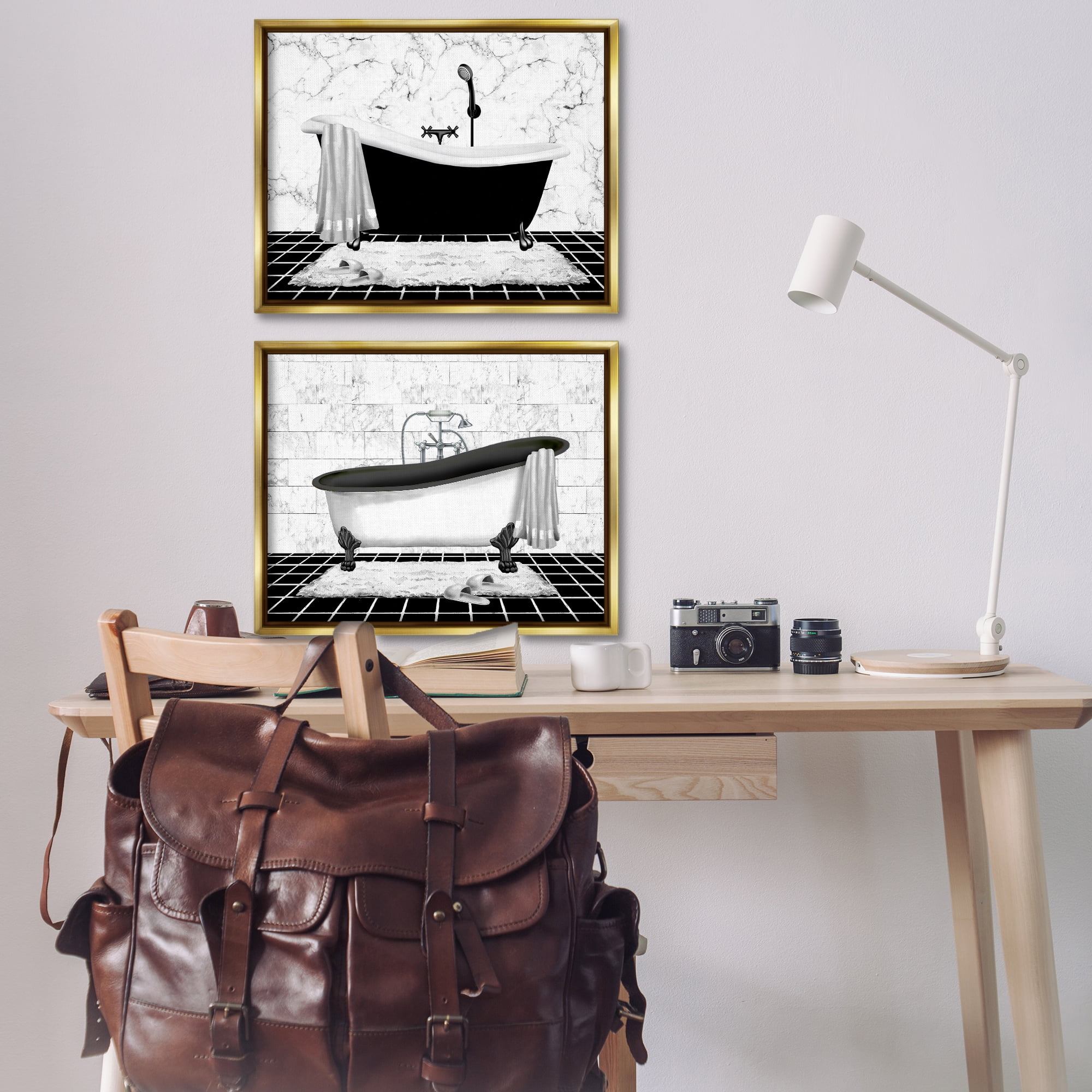 Stupell Industries Marble Clawfoot Soaking Tub Bath & Laundry Painting Gold Floater Framed Canvas Art Print Wall Art, 31 x 25, Set of 2