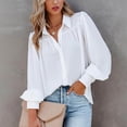 thumbnail image 2 of Blusa de color puro con escote en V y mangas farol - Blusa blanca holgada para mujer, talla L, 2 of 6
