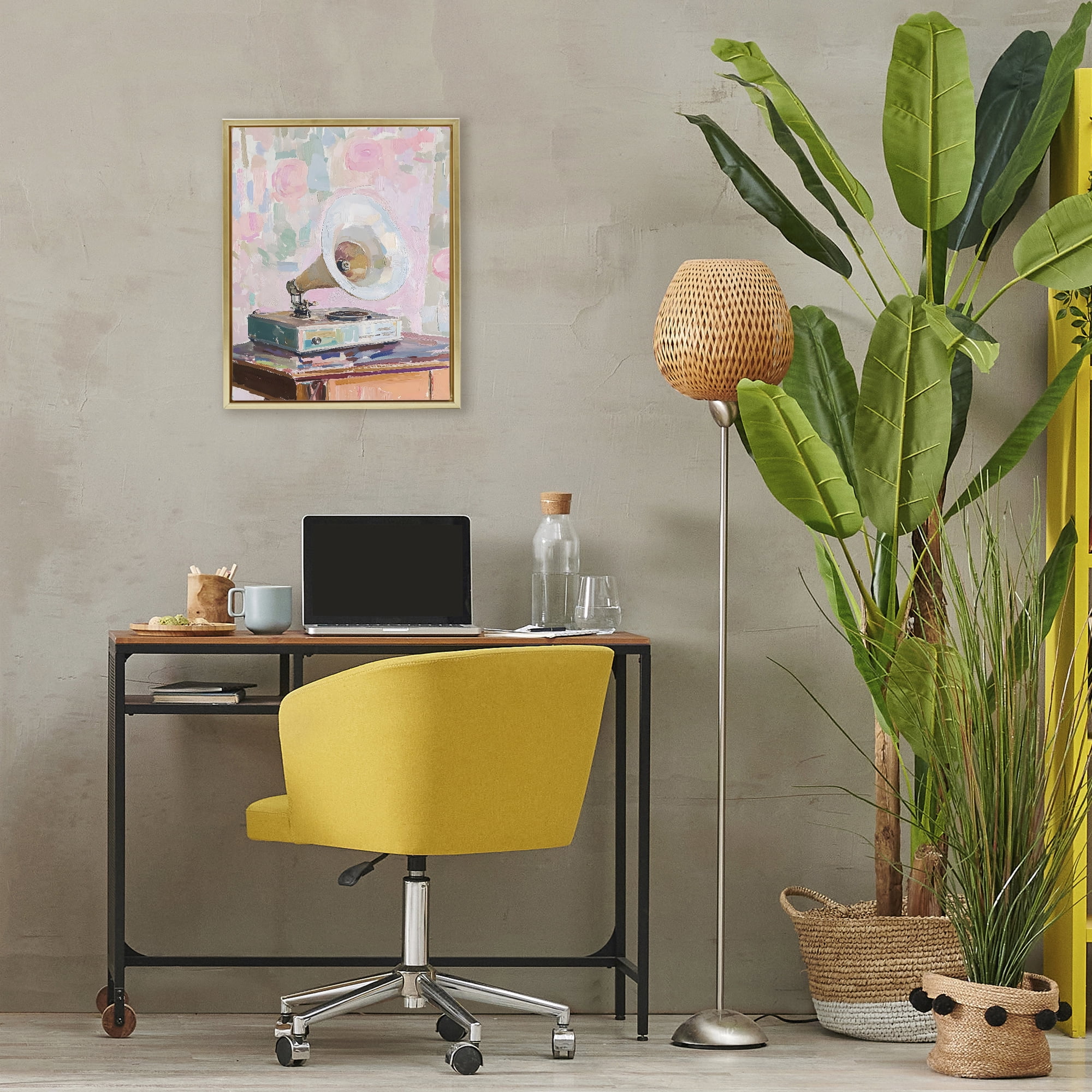 Stupell Industries Vintage Gramophone in Soft Pastels Gold Framed Floater Canvas Wall Art, design by The Prints Vibe