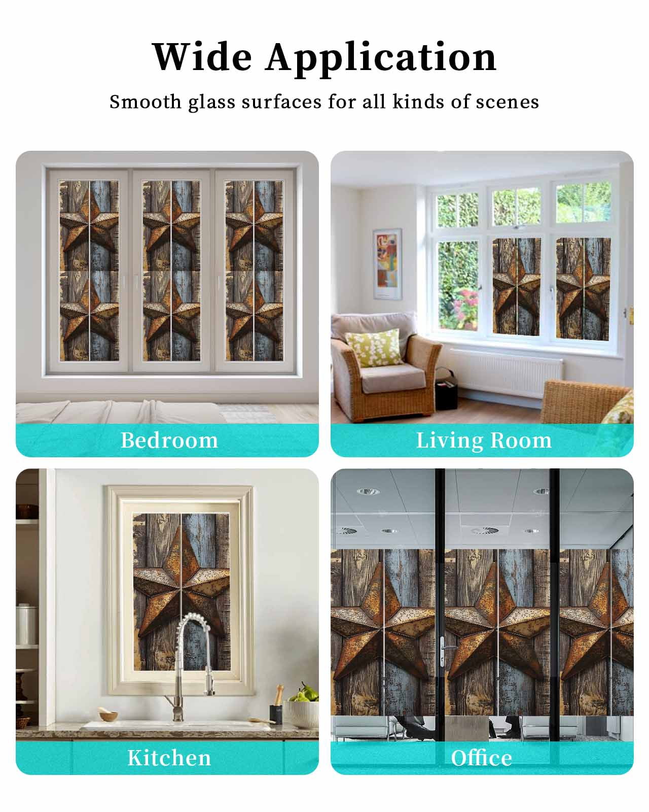 Window Privacy Film Retro Vintage Stained Glass Window Film Decorative Sun Block Window Cover Chic Western Texas Star Pattern Wooden Window Clings Static Adhesive Sticker for Bathroom 29.5"x78.7"