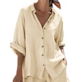 thumbnail image 6 of VBVC Women's 2 Piece Cotton-Linen Collared Outfit Set,Button Down Shirt and Shorts for Women,Ladies Casual Loose Loungewear with Pockets,Beige,S-3XL, 6 of 10