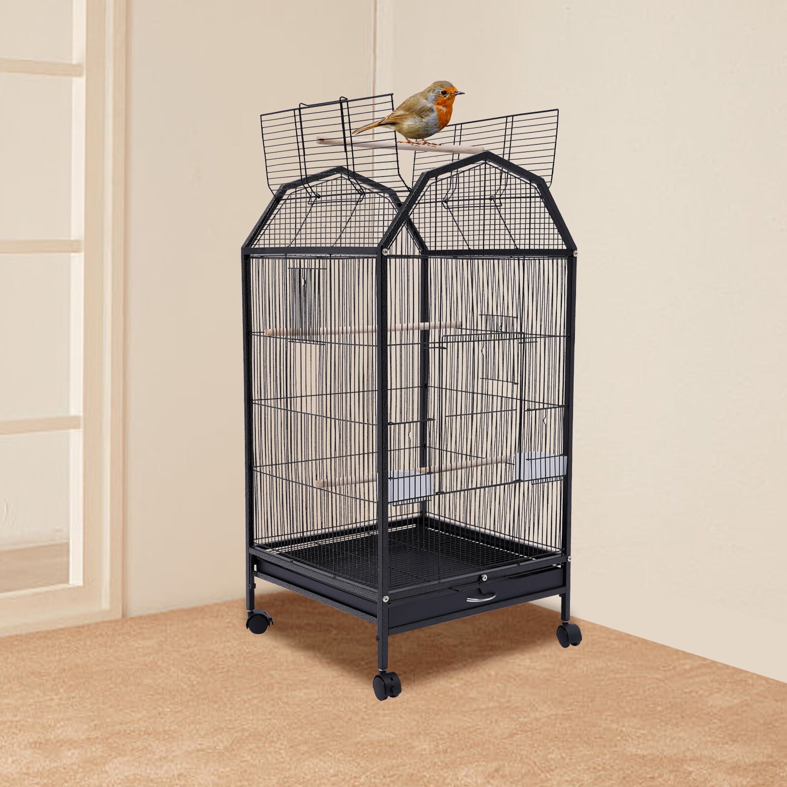 360° View Bird Cage with Skylight Top – Spacious Iron Aviary for Parakeets, Lovebirds, and Small Birds, Easy to Clean, Interactive & Durable, 39.9” Height